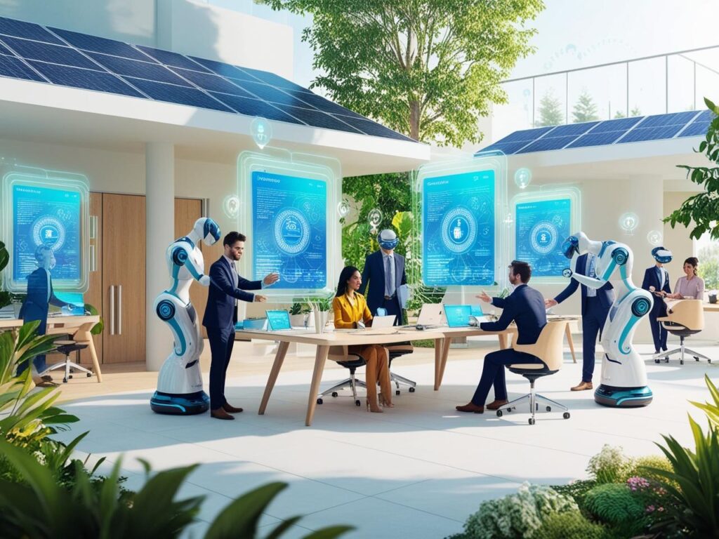 Create a futuristic business scene set in the year 2025 showcasing advanced technologies like AI powered robots holographic data displays and professionals collaborating in a modern eco friendly o 2 1