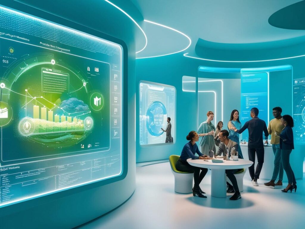 Create a futuristic visual representing the evolution of digital project management tools showcasing a vibrant technology driven workspace with holographic interfaces diverse teams collaborating and a