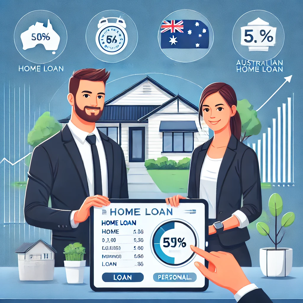 DALL·E 2024 12 10 16.59.53 A modern illustration of a mortgage broker assisting a young Australian couple in choosing a home loan with a digital tablet displaying loan options