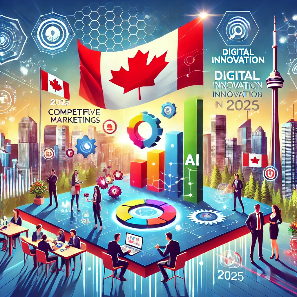 DALL·E 2024 12 10 21.55.59 An illustration of competitive marketing strategies among successful Canadian companies in 2025 showcasing vibrant graphs marketing professionals co