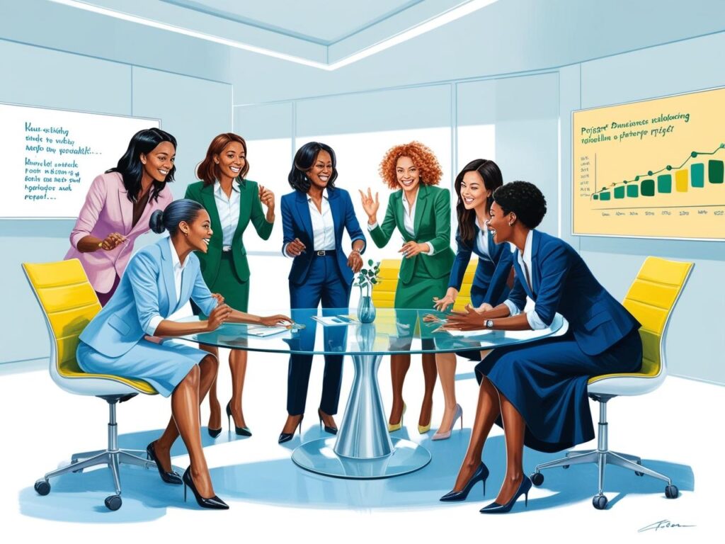 Design a motivational illustration capturing the essence of teamwork in modern business featuring a diverse group of professionals brainstorming ideas in a sleek office setting with a backdrop of inspi