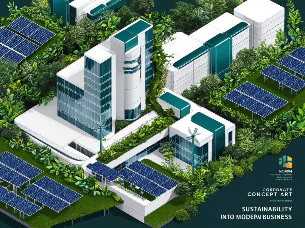 Generate a concept art piece symbolizing the integration of sustainability into business strategies with a mix of greenery renewable energy symbols and modern corporate architecture blending harmonious